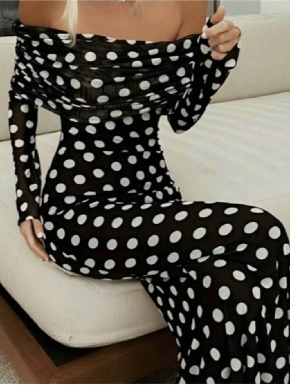 Black Elegant Women's polka-dot off shoulder maxi dress